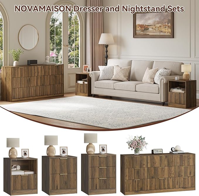 9 Drawer Dresser & Nightstand Set 3-Piece, 63” Wide Bedroom Dresser Set Night Stand Set of 2 with Metal Handle, Fluted Modern Wood Chest of Drawers Storage Dressers Set for Bedroom, Walnut