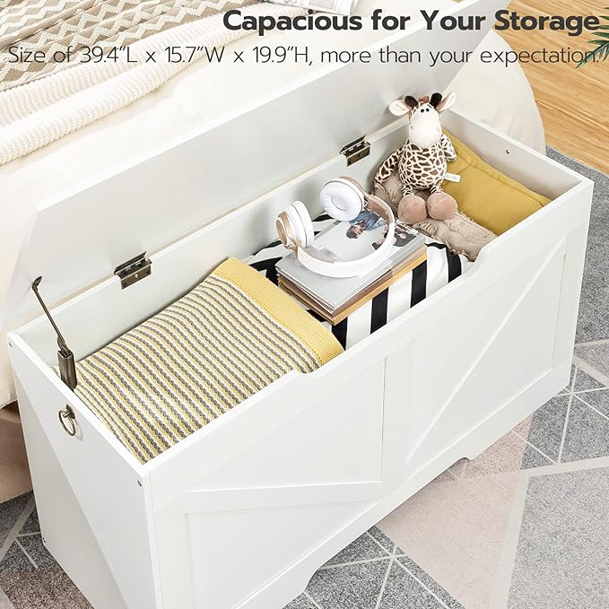 HOOBRO Storage Bench, 39.4” Retro Wooden Storage Chest with U-Shaped Cut-Out Pull, Safety Hinge, Supports 220 lb and Easy Assembly for Toy Box Organizer (White) WT771CW01