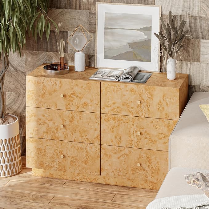 Modern 6 Drawer Dresser with Burl Finish, Wide Wood Chest of Drawers Clothes Organizer, Stylish Large Storage Cabinet for Bedroom or Entryway