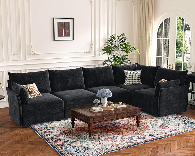 ABCASA 135.5" Oversized Modular Sectional Sofa, L Shaped Convertible Couch with Movable Ottoman, 5 Seat Corner Couches for Living Room Deep Seat Black Chenille