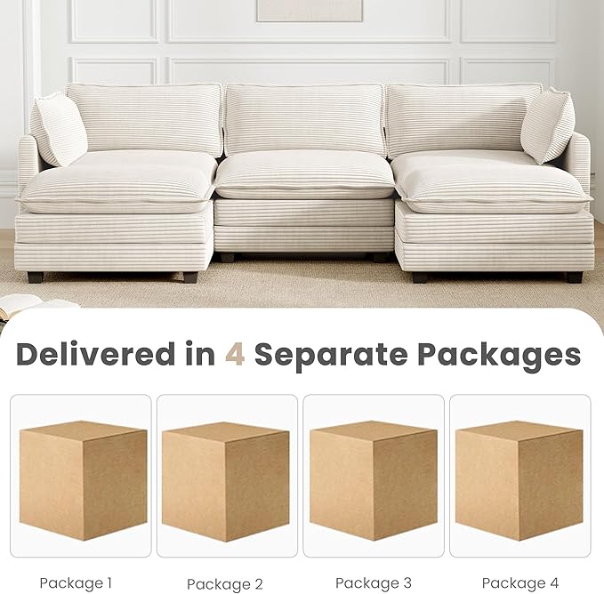112'' Sectional Modular Cloud Couch, Oversized 5 Seat Couches U Shaped Sofa with 2 Movable Ottomans, 2 Throw Pillows, Upholstered Corduroy U Shape Comfy Deep Couches for Living Room and Office, Beige
