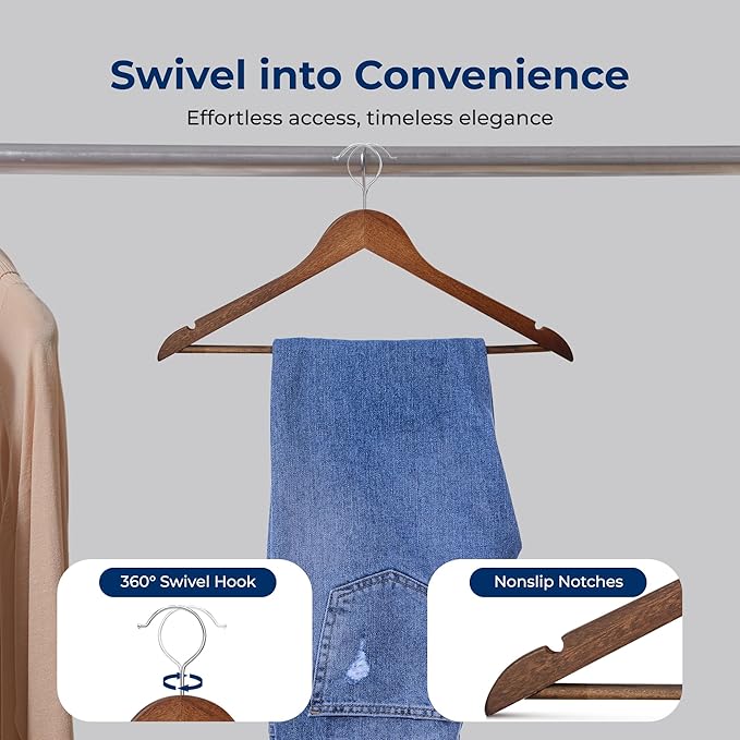 SereneLife 50-Pack Wooden Coat Hangers – Durable Suit Hangers with 360° Swivel Hook & Notches – Slim Design for Shirts, Jackets, Dresses, and More (Vintage)