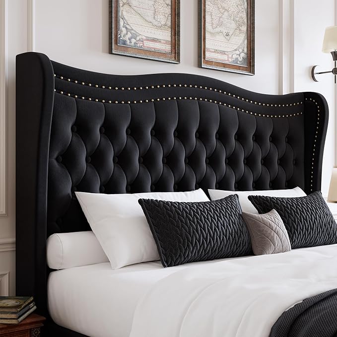 Upholstered King Size Bed Frame with Tall Headboard, Velvet Wingback Platform Bed Frame with Deep Button Tufted, No Box Spring Needed, Noise Free, Black