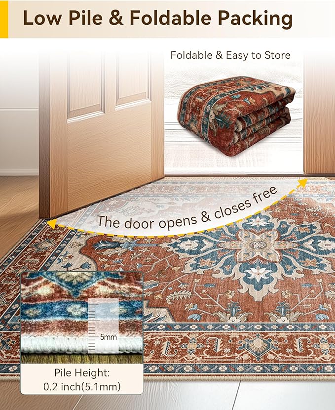 Area Rugs 2'x3' Washable Non-Slip, Floral Vintage Distress Print Pattern Medallion Carpet for Living Room Bedroom Dining Room, Red Orange Blue Brown