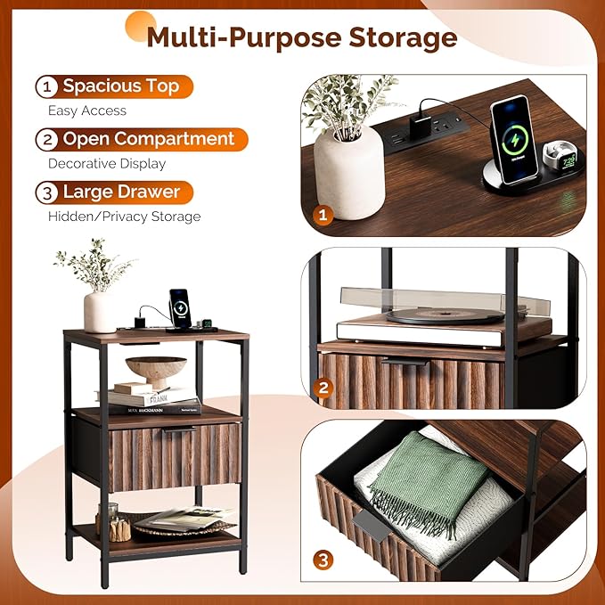 VINGLI Nightstands Set of 2, Walnut Nightstand with Charging Station, Night Stands Fluted Fabric Drawer, Bedside Tables/End Tables with Charger Station, Side Table Bedroom, Small Night Stand