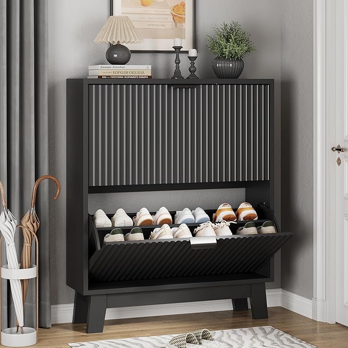 Shoe Cabinet with 2 Flip Drawers, 37" Tall Narrow Fluted Shoe Storage Organizer for Entryway, Hidden Slim Wooden Shoe Rack Cabinet for Front Door Entrance, Hallway, Living Room, Solid Black