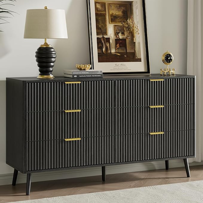 LYNSOM 55" Wide Fluted Dresser for Bedroom with 6 Drawer, Modern Chest of Drawers with Curved Profile Design and Metal Handles, Wood Dresser TV Stand & Storage Organizer for Living Room, Black