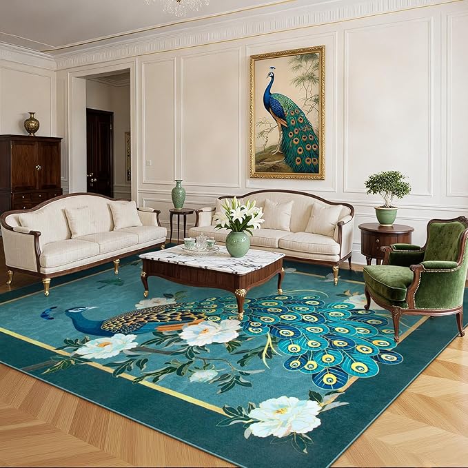 Lahome Peacock Area Rugs 8x10, Soft Washable 8x10 Rugs for Living Room, Floral Non Slip Vintage Ultra-Thin Stain Resistance Large Blue Carpet for Bedroom Office Farmhouse Dining Room, Blue