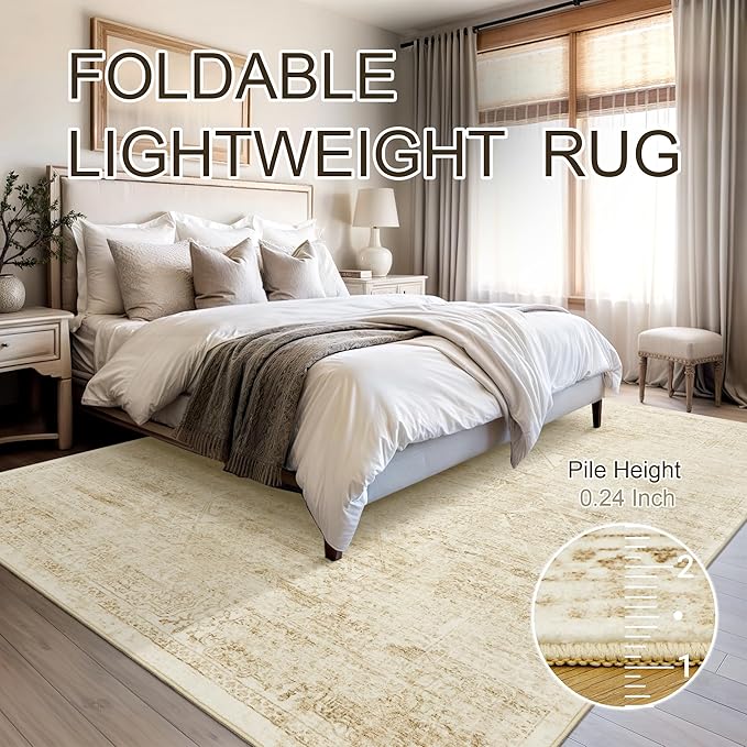 Washable Area Rug 8x10, Large Soft Rugs for Living Room Vintage Beige 8x10 Area Rugs for Bedroom Dining Room Floral Non-Slip Thin Rug
