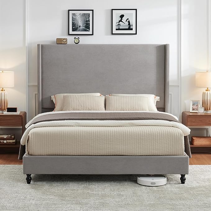 King Bed Frame with 65" Tall Headboard, Horizontal Fine Corduroy Bed Frame with Wingback, Upholstered Platform Bed, Vintage Solid Wood Gourd Legs, No Box Spring Needed, Gray