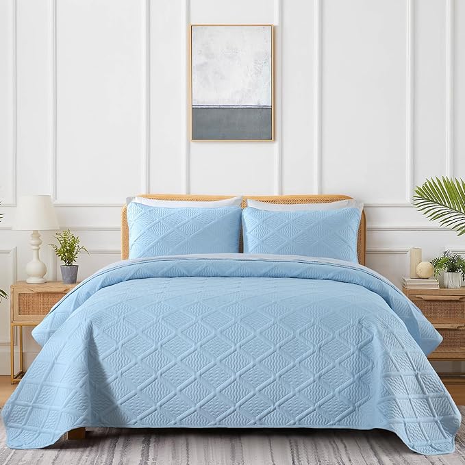 Yiran Ash Blue Quilt Set Queen Size, 3 Piece Reversible Bedspreads Bedding Set, Fall Diamond Pattern Coverlet for All Season with 2 Pillow Shams (Full/Queen, 96x90 Inch)