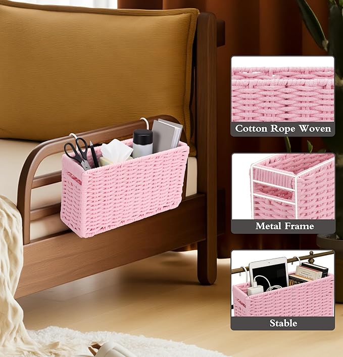 Cotton Rope Woven Bedside Caddy for Dorm Bed, Foldable Bedside Shelf Bunk Bed Accessories, College Dorm Room Essentials Hanging Organizers Storage Basket, Room Decor Magazine File Holder (Pink)
