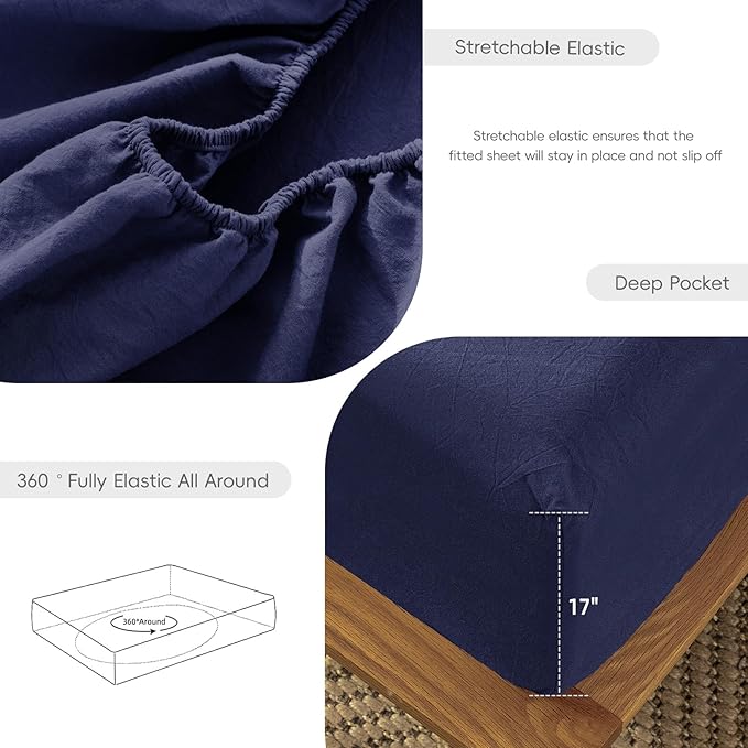 MooMee Fitted Bottom Sheet Only 100% Washed Cotton Linen Like Textured Breathable Durable Soft Comfy Deep Pocket Fits Mattress up to 17" (Dark Blue, King)