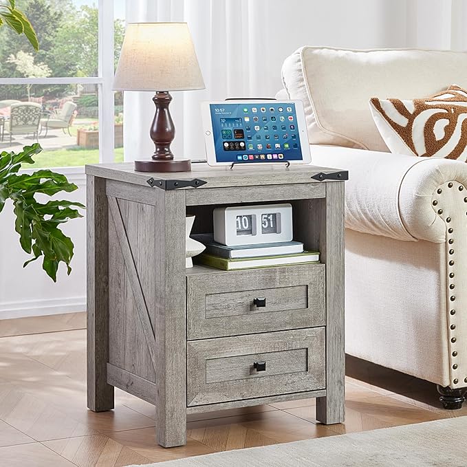 Joaxswe Nightstands Set of 2 with Charging Station, Farmhouse Night Stand with 2 Drawers and Shelf Storage, Wooden Side End Table, Bedside Cabinet for Bedroom, Living Room, Closet,Office (Grey)