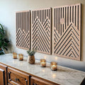 qmmp Modern Wooden Wall Sculptures - Set of 3 - Home Decor Accent - Large Wall Art for Living Room, Bedroom, Office - Easy Installation (Oak, Large - Mountain and Sun)