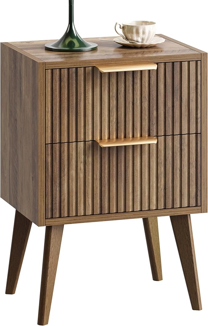 YAUKOMEL Mid Century Modern Nightstand,Small Bedside Table with 2 Drawers,Fluted Side Table,Walnut Brown End Table for Living Room,Bedroom,Small Space,Caramel Oak 11.8" D x 16" W x 22.4" H CTG55BR
