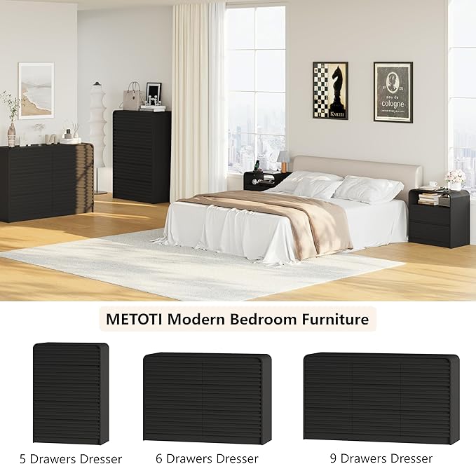 24" Wide Modern Fluted Nightstand with Charging Station Set of 2, Wood Bedside Table with Drawers, Mid Century End Table Nigthstand with Curved Profile Design for Bedroom, Living Room, Black