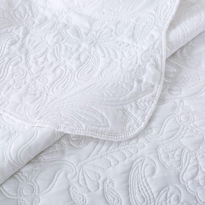 HoneiLife Quilt Set Queen Size - 3 Piece Embroidered Microfiber Bedspread Reversible Coverlet Lightweight Bedcover Paisley Pattern Bedding Set All Season Quilts-White