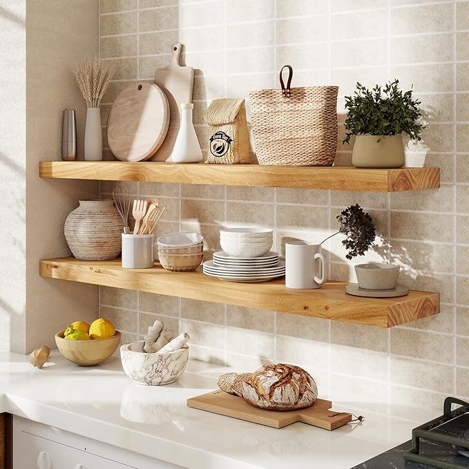 fuqing Floating Shelves for Wall, 40 inch Rustic Solid Elm Wood Floating Shelves, Wooden Wall Shelves with Invisible Heavy Duty Brackets for Living Room, Bedroom, Kitchen, Bathroom, 1 Pack, Natural