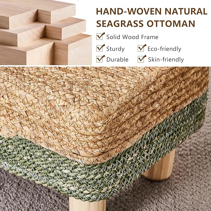 Wimarsbon Natural Seagrass Footstool Ottoman Rectangular Footrest Pouf Ottomans with Wooden Legs Hand Weave Step Stool for Living Room Bedroom Entryway Green