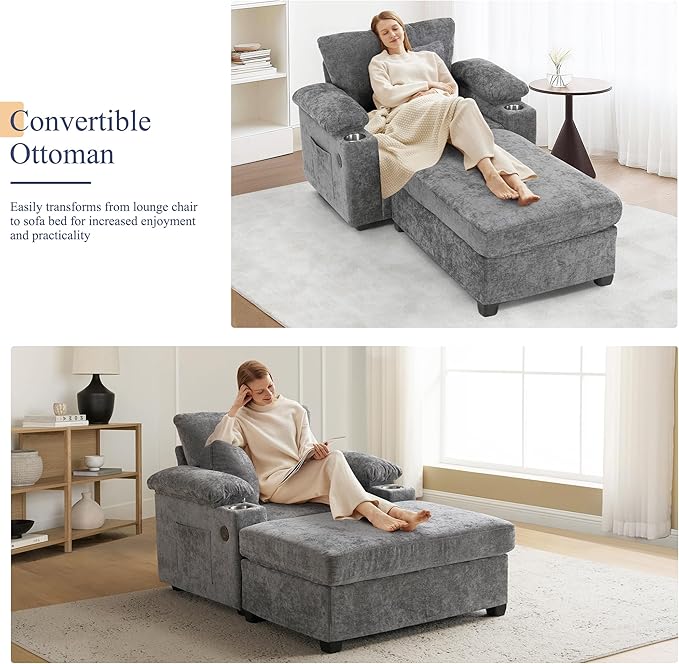 SUNWAVE 58" Chaise Lounge Chair with Ottoman, Chenille Fabric Sofa Bed, Accent Chair with Cupholders & USB Charging Ports for Living Room, Bedroom, Apartment (1 Chaise Misty Gray)