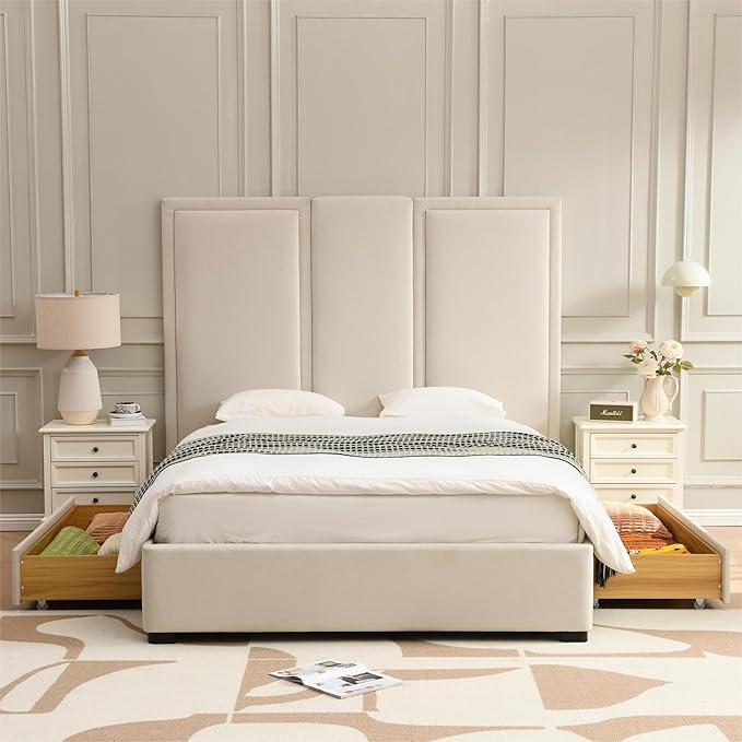 YUHUASHI Queen Size Bed Frame with 64-inch High Headboard, Simple and Airy Linen Upholstered Platform Bed with Storage Drawers, Wood Slat, No Noise (Beige, Queen)