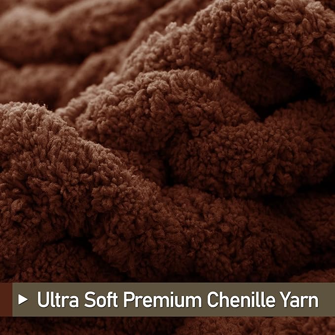 Chunky Knit Throw Blanket 50"X 60", 100% Handmade with Soft Chenille Yarn, 4.4lbs Thick Cable Knitted Blankets, Large Rope Knot Crochet Throws for Couch Sofa Bed Home Decor, Dark Brown