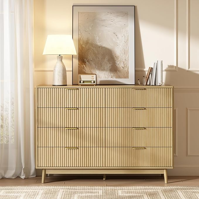 CARPETNAL Fluted 8 Drawer Dresser for Bedroom, 55" Wide Wooden Chest of Drawers with Rounded Corners, Gold Handles, Modern Storage Organizer for Bedroom, Hallway(Oak)