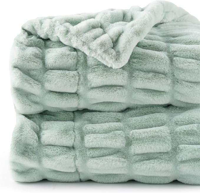 BATTILO HOME Luxury Faux Fur Throw Blanket for Couch, Super Soft Warm Cozy Plush Mink Blanket, Double Side Ruched Rabbit Fur Blanket for Bed, Sofa, Chair, 50"x60", Sage Green