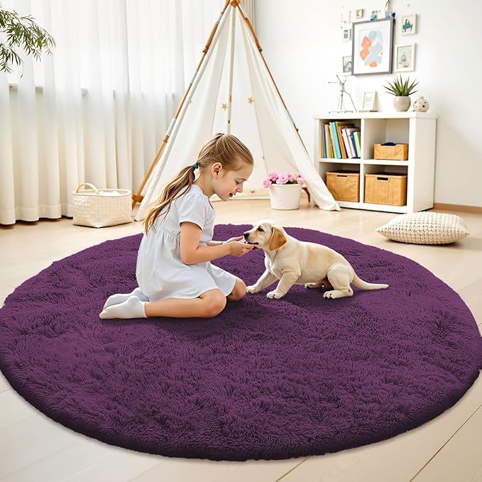 OLANLY Dark Purple Round Rugs for Bedroom - Machine Washable, 6 ft Circle Area Rugs for Living Room, Soft and Fluffy Shaggy Carpet for Teen Girl and Boys, Nursery Rooms, Dorms, Home Decor Aesthetic