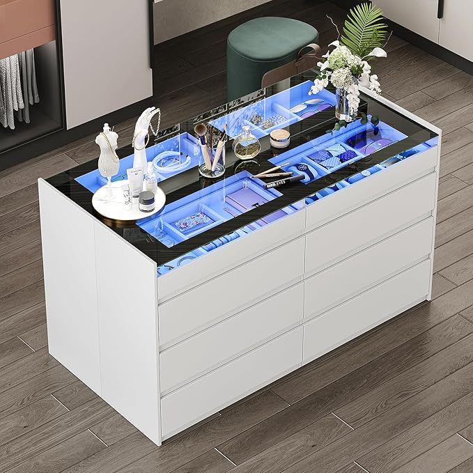 White Dresser for Bedroom Set of 2, 8 Drawer Dresser with Glass Top and LED Light, Modern Chest of Drawers, Jewelry Dressers Display, Dressers Organizer for Bedroom, Closet, Living Room