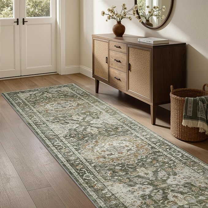 PADOOR 2X10 Runner Rug,Runners for Hallways,Soft Olive Washable Bedside Rugs for Bedroom,Non Slip Long Rug for Hallways Entryway Laundry Room Stair Kitchen Bathroom