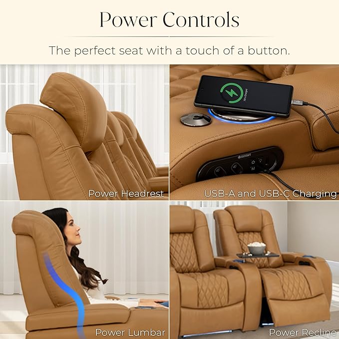 Seatcraft Diamante Zero-Gravity CoolZero Italian Leather Home Theater Seating, Power Headrest, Power Recline, Single Recliner, Tan Oak