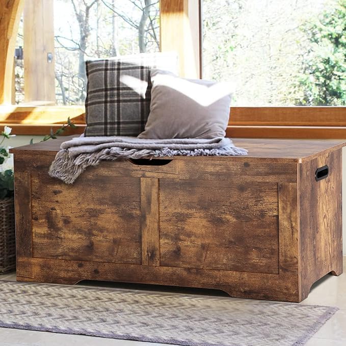 Timberer 39.4" Storage Chest, Wooden Storage Bench, Lift Top Toy Chest with 2 Safety Hinges, Large Toy Box, Entryway Bench for Living Room, Bedroom, Rustic Brown