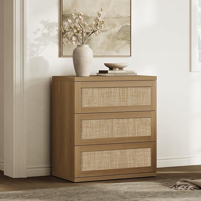 SICOTAS Dresser for Bedroom - 31" Tall Rattan Dresser with 3 Drawers Boho Dressers & Chests of Drawers Dressers for Bedroom Deep Bedside Table Clothes Closet Storage for Closet Hallway Entryway
