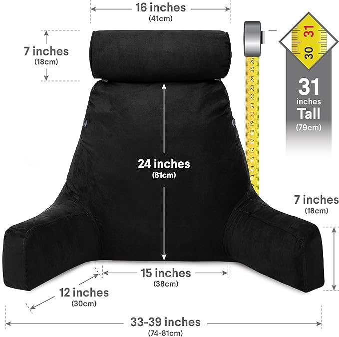 Husband Pillow XXL Aspen Edition, Adult Reading Sit Up Bed Rest Pillow for Bed with Arms & Neck Roll on Bungee Cord - Premium Memory Foam - Reversible 2 Sided Cover Micro Suede or Plush, Stable Black