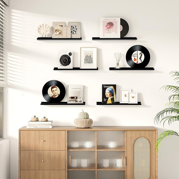 Fun Memories Picture Ledge Shelf for Wall, Floating Shelves Set of 4, 24 Inch Long Nursery Book Shelves for Toys Storage, Kids Bookshelf Wall Mounted for Books Photo Frames, Black