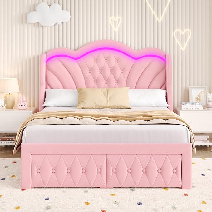 Keyluv Full Bed Frame with LED Lights and 2 Storage Drawers, Velvet Upholstered Platform with 47" Tall Arc-Shaped Wingback Headboard and Button Tufted Design, No Box Spring Needed, Noise-Free, Pink