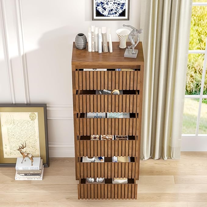 Fluted Tall 6 Drawer Dresser, Mid Century Dresser for Bedroom, 45 Inch Wood Chest of Drawers, Modern Closet Clothes Organizer, Walnut Wooden Storage for Living Room, Brown