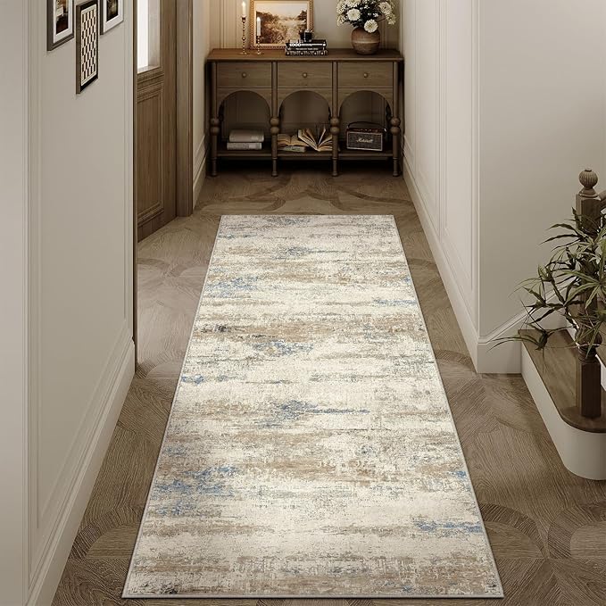 2x6 Runner Rug Hallway Kitchen Washable Abstract Neutral Modern Small Long Beige Brown Carpet Bedroom Bedside Non Slip Low Pile Soft Thin Indoor Throw Rug Entryway Bathroom Door Mat