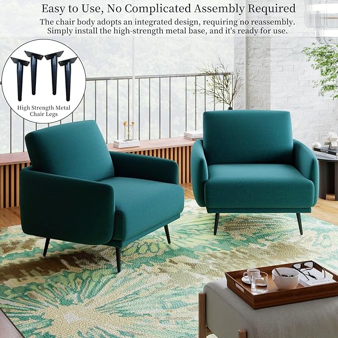 Oversized Accent Chair for Living Room Cozy Reading Chairs Mid-Century Modern Accent Chairs Armchair with Metal Legs Single Sofa Chair for Home Office (Set-of-2, Velvet Fabric- Lake Blue)