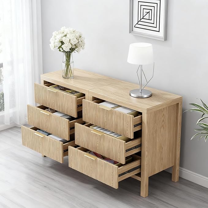 Nightstands Set of 2, Bedside End Table, Modern Wooden Night Stand with 6-Drawer - Boho Cabinet Accent Storage Furniture for Bedroom, Living Room, Nature
