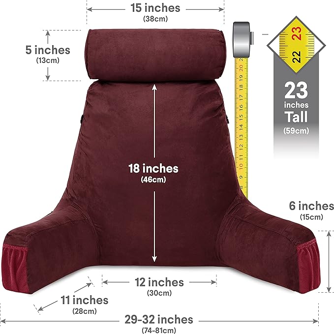 Husband Pillow Medium Aspen Edition Arizona Maroon, Sit Up Reading & Bed Rest with Arms, Ultra-Comfy, Detach Neck Roll - Premium Shredded Memory Foam Backrest, Reverses to Micro: Suede or Plush