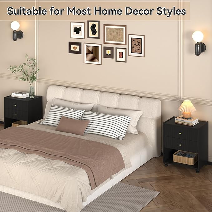 Modern Nightstand, Fluted End Table with 2 Drawers, Nightstand with Open Shelf for Bedroom (2, Black)