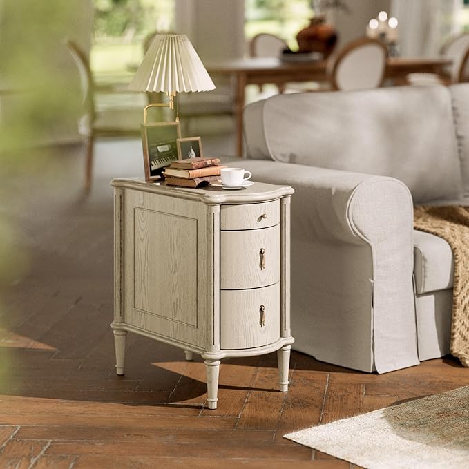 STO'SENSE Nightstand Set of 2 w/Charging Station & 3 Drawers, Pre-Assembled, Vintage Side Table w/Antique-Finished Pulls, Rustic Wood Finish, Narrow End Table w/Turned Legs for Bedroom, Antique Grey