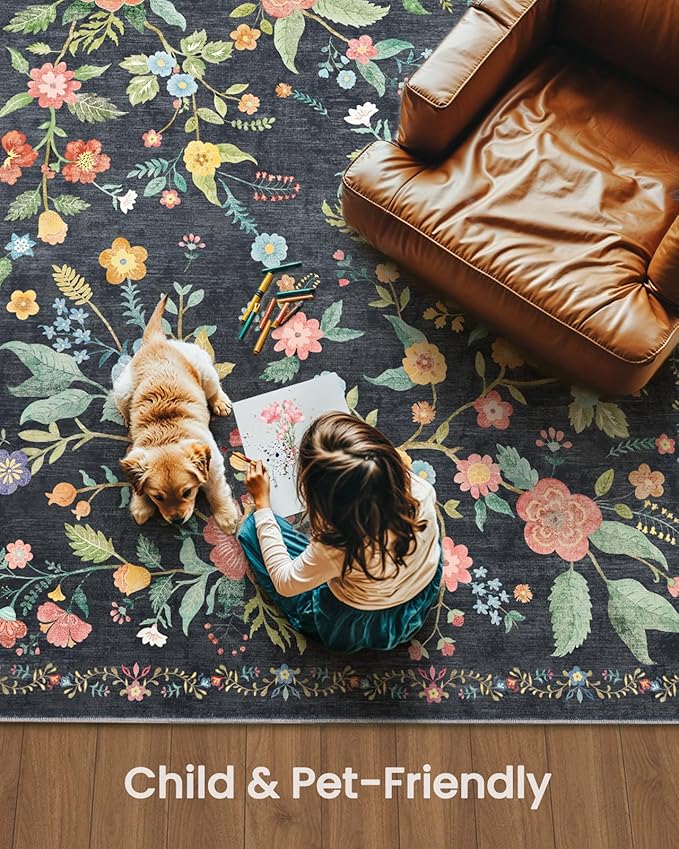 Amada 8x10 Area Rugs, Non-Slip & Low-Profile Large Area Rug with Reinforced Edge Binding, Washable Soft Boho Floral Rugs for Living Room, Bedroom, Dining Room