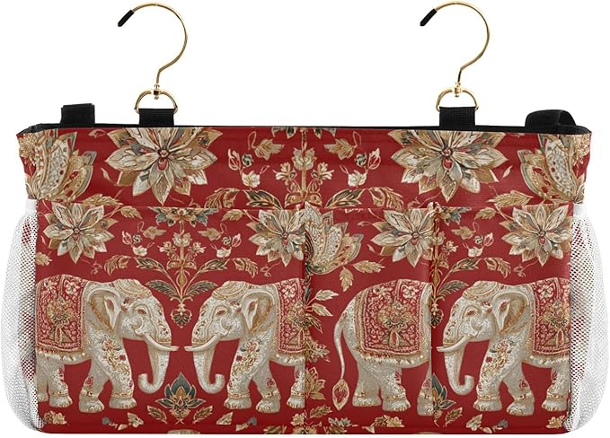 Bedside Caddy Hanging Bunk Bed Caddy Bed Organizer Hanging Pocket with 2 Hooks Bedside Storage Organizer Pocket Bag Holder Red Retro Elephant Flowers