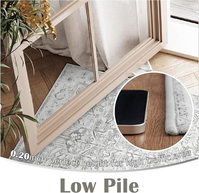 jinchan Lima Runner Rug 2x5 Washable Hallway Runner - Vintage Floral Non Slip Low-Pile Soft Ultra-Thin Kitchen Rug Distressed Carpet for Farmhouse Bedroom Entryway Laundry Room (2x5ft, Grey)