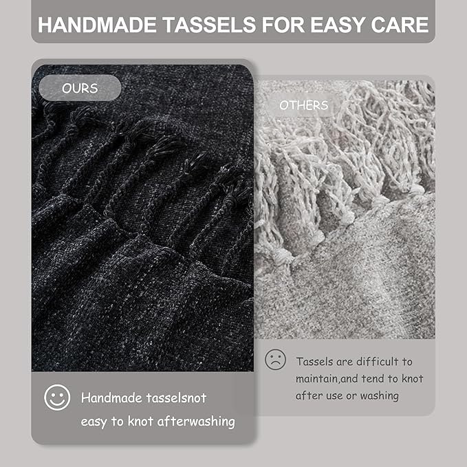 BATTILO HOME Black Throw Blanket for Couch, Bed, Sofa - Soft Cozy Chenille Throw with Fringe Tassels, Lightweight Chenille Knit Throw for Home Decor, 50"x60"