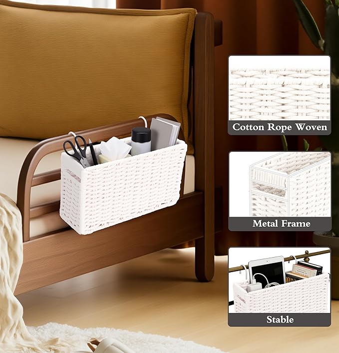 Cotton Rope Woven Bedside Caddy for Dorm Bed, Foldable Bedside Shelf Bunk Bed Accessories, College Dorm Room Essentials Hanging Organizers Storage Basket, Room Decor Magazine File Holder (White)